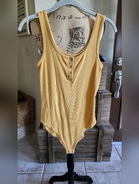 Aerpostale Sleeveless Ribbed Henley Bodysuit - Mustard Yellow